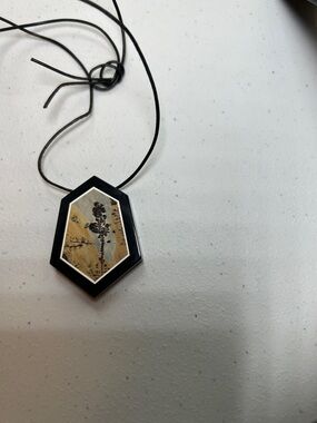Hexagon Black Pendant Necklace with Beige Dendritic Stone Inlay